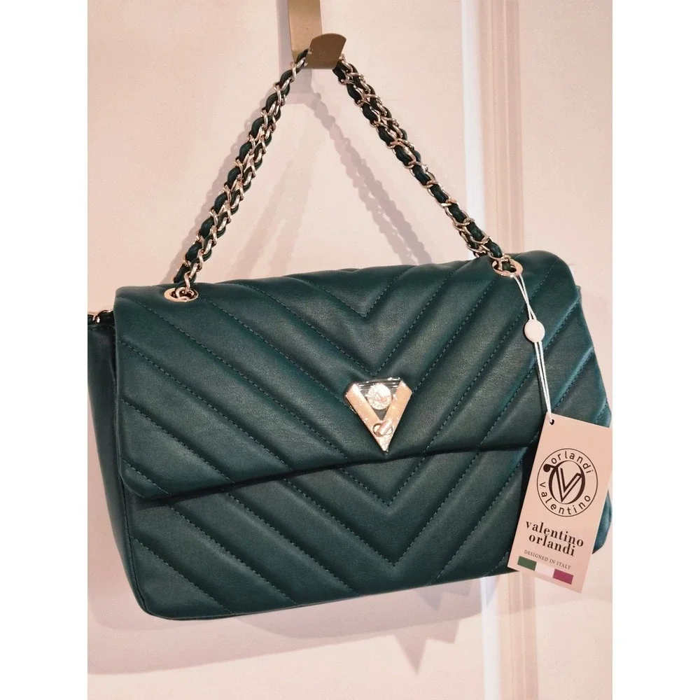Valentino Orlandi Forest Green Quilted Leather Shoulder Bag V-3009 Italy NWT